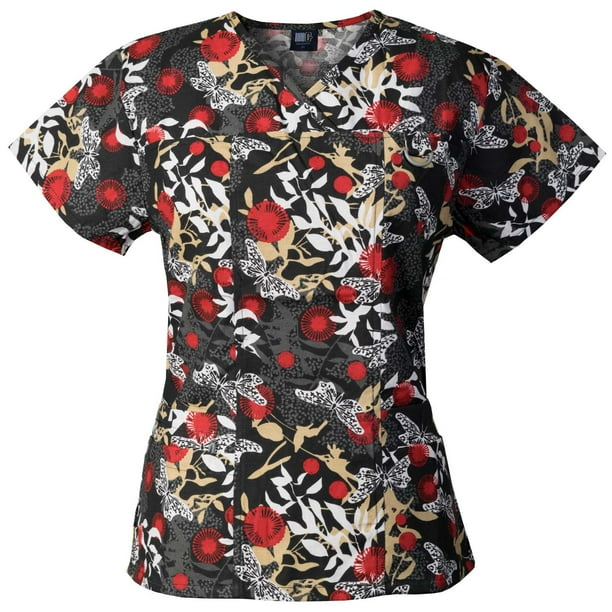 Medgear Womens Print Scrub Top ID loop & 4 Pocket Fashion Medical Uniform AMSA Medgear Womens Print Scrub Top ID loop & 4 Pocket Fashion Medical Uniform AMSA